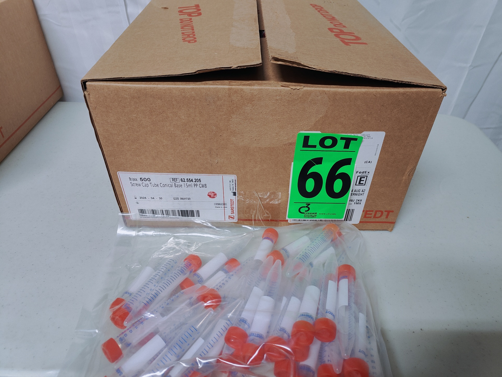 Lot 66 — (500) SARSTEDT 62.554.205 Screw Cap Tubes, Conical Base, 15 mL